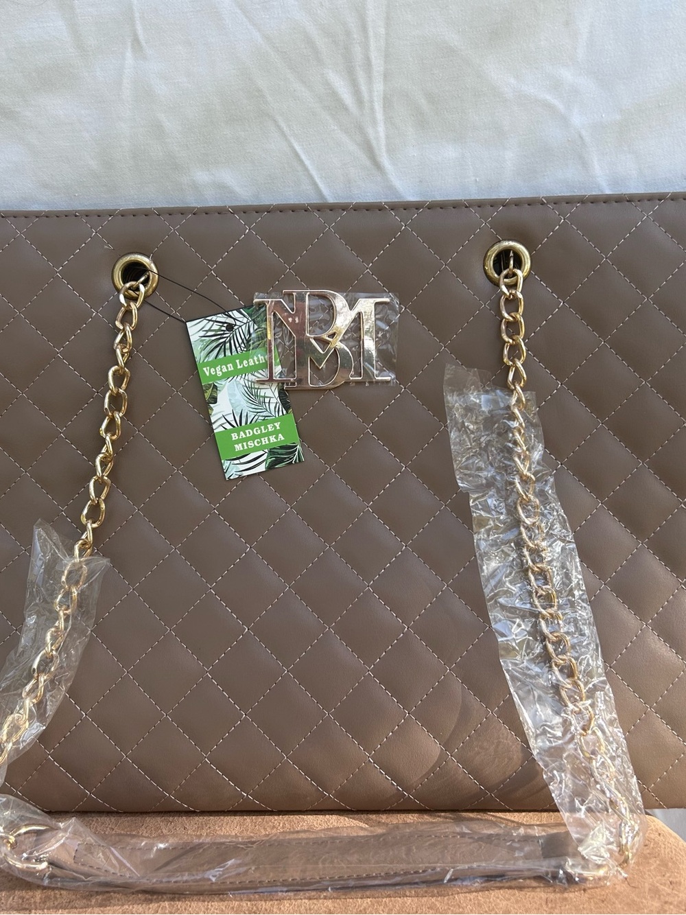 Badgley Mischka Quilted Taupe Vegan Leather Tote with Gold Chain Handles